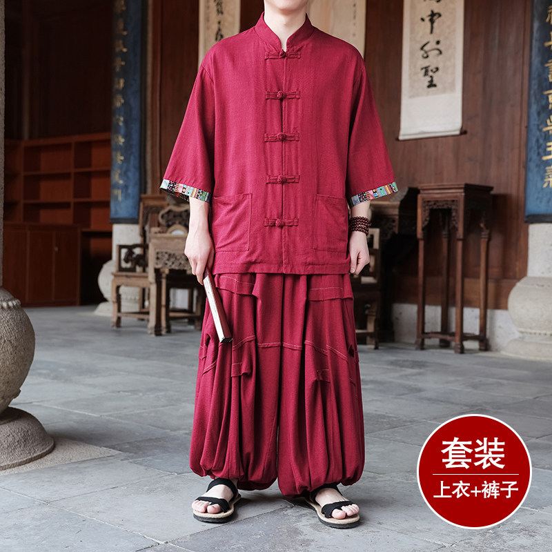 风A拼色棉麻衬衫外套折褶小众阔腿裤套装男TZ169-P153控178,男装休闲套装,电商A005