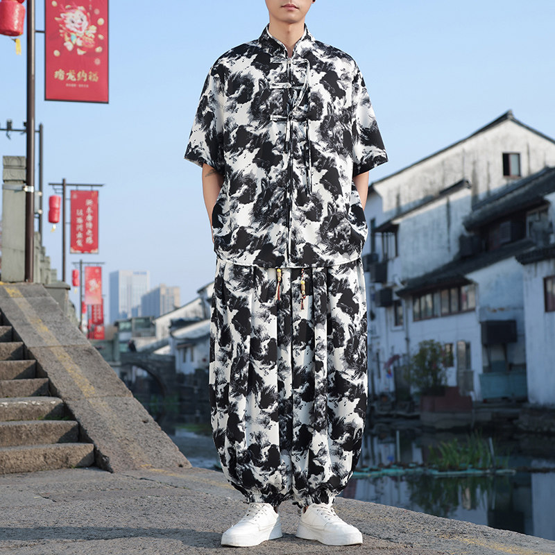 新中式B小众盘扣扎染水墨冰丝衬衫男灯笼裤套装TZ72-P130控158,男装衬衫,电商A005