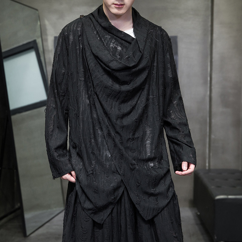 风A暗黑小众设计乞丐破洞高堆领不规则风衣t恤F02-P68控88，男装风衣，电商A005