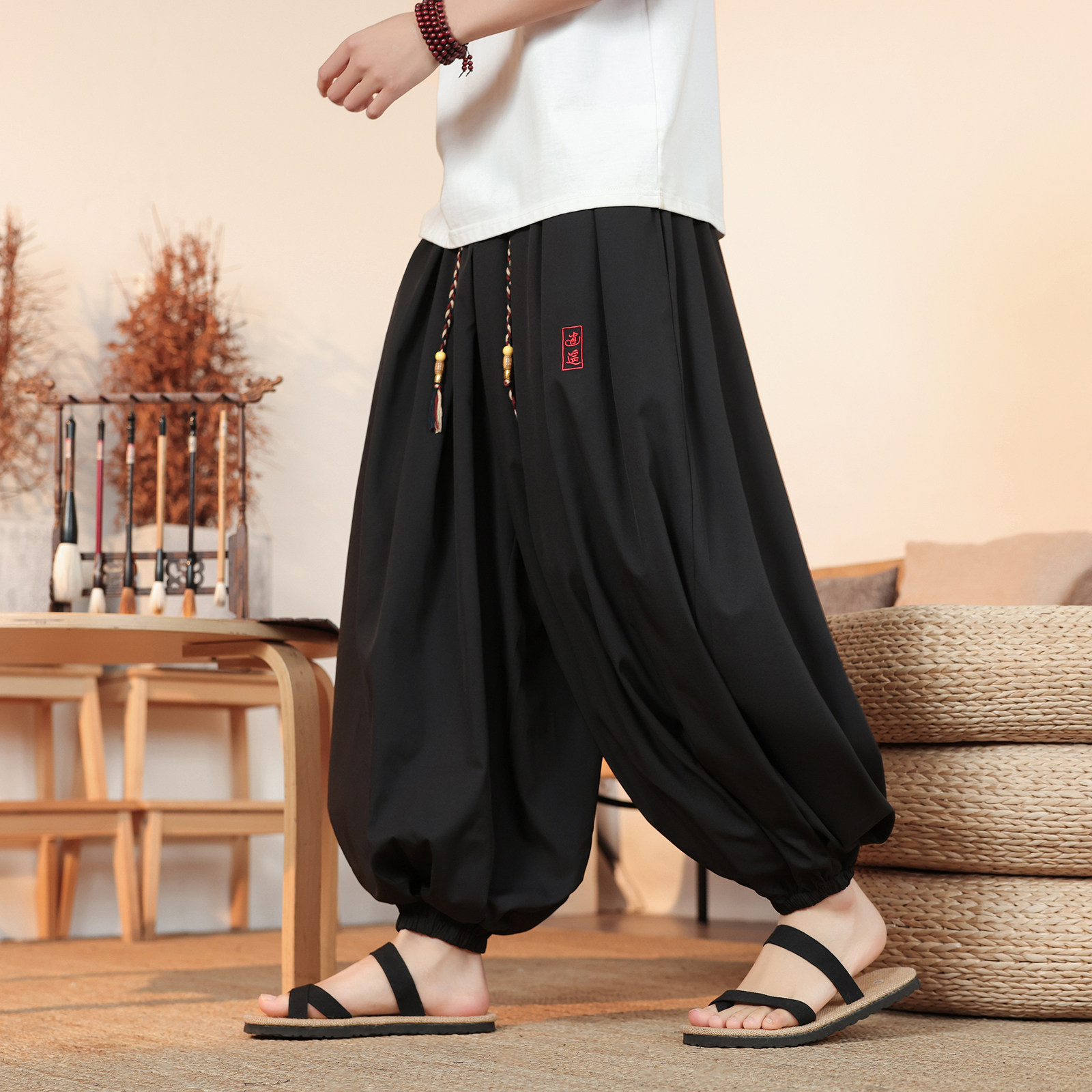 超大码8XL冰丝刺绣九分裤男大桶裤宽松长裤萝卜裤K265-P65控88，男装休闲裤，电商A005