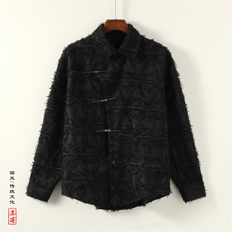 E潮风新中式毛边长袖衬衫男宽松小众上衣CS23-P85控108图片