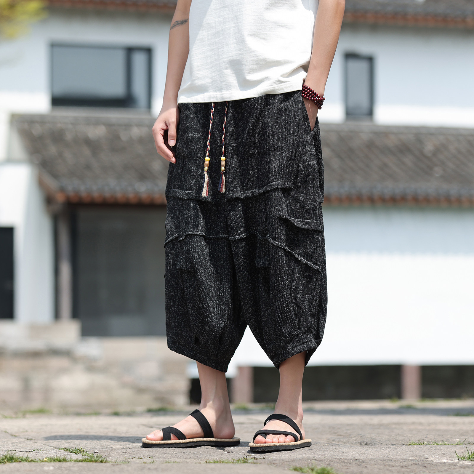 风W丝垂感折褶小众设计七分裤短裤阔腿裤男DK230-P60控88图片
