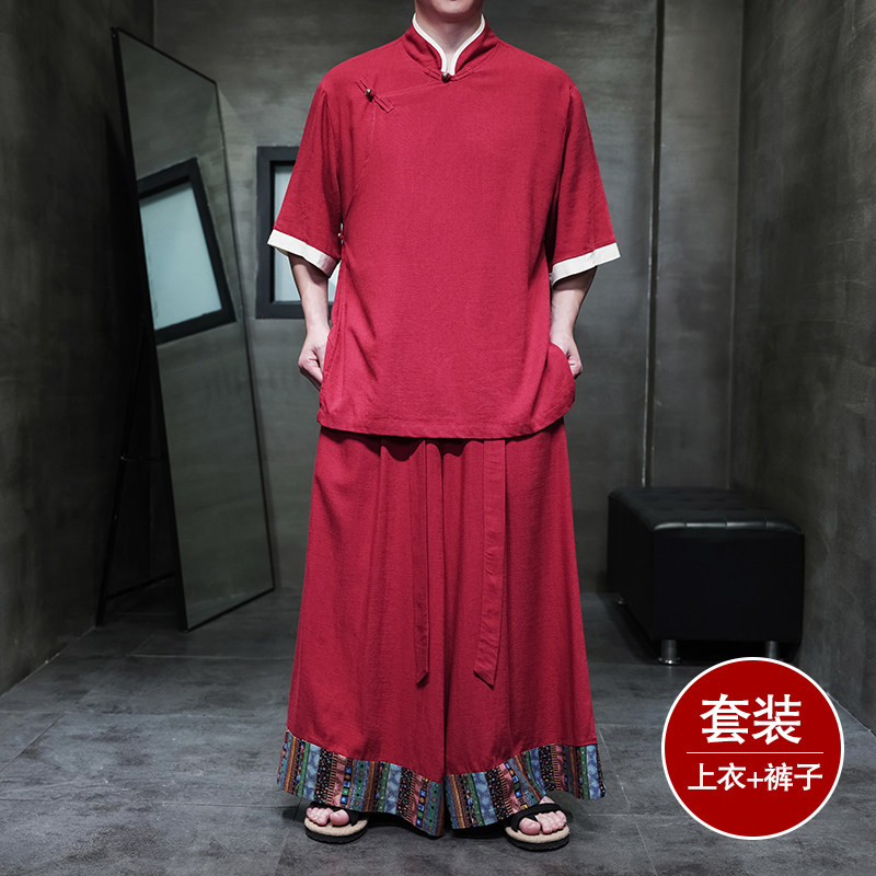 斜襟盘扣E亚麻中袖衬衫民族风复古裙裤阔腿裤套装TZ165-P176控198，男装衬衫，电商A005