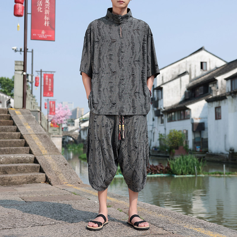 新中式风A破洞乞丐冰丝t恤小众七分裤男套装TZ105-P126控148，男装T恤，电商A005