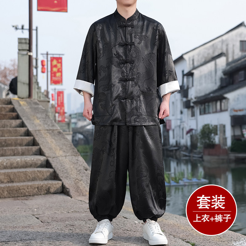 风C盘扣暗花龙纹冰丝衬衫萝卜裤套装男TZ159-P120控148,男装衬衫,电商A005