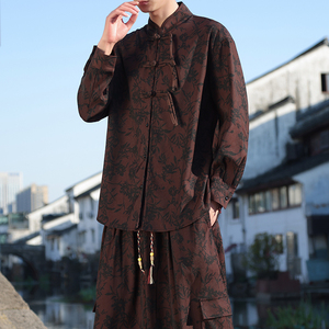 新中式E盘扣长袖衬衫男汉服唐装中山装树叶印花外套CS26-P68控88图片