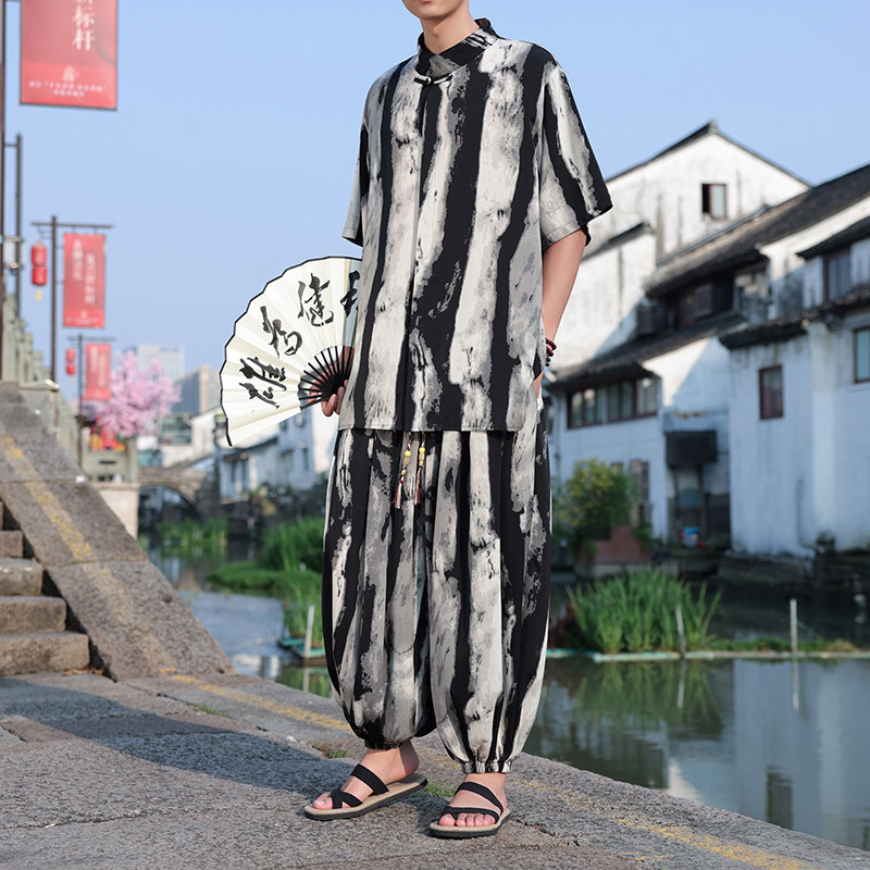 新中式C水墨扎染渐变条纹盘扣冰丝衬衫男小众长裤TZ99-P126控148,男装衬衫,电商A005