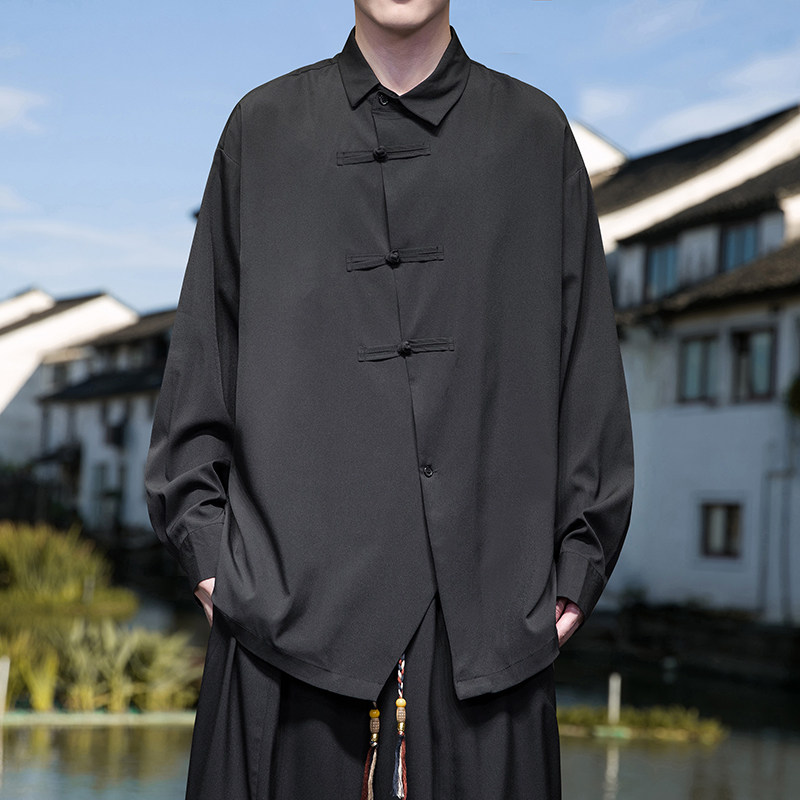 新中式F风暗黑盘扣设计感小众长袖冰丝衬衫t恤男CS07-P65控88，男装T恤，电商A005