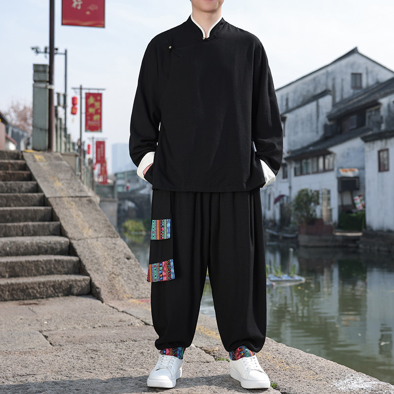 风B斜襟盘扣亚麻棉麻衬衫夹克大裤裆裤套装男TZ151-P173控198,男装衬衫,电商A005