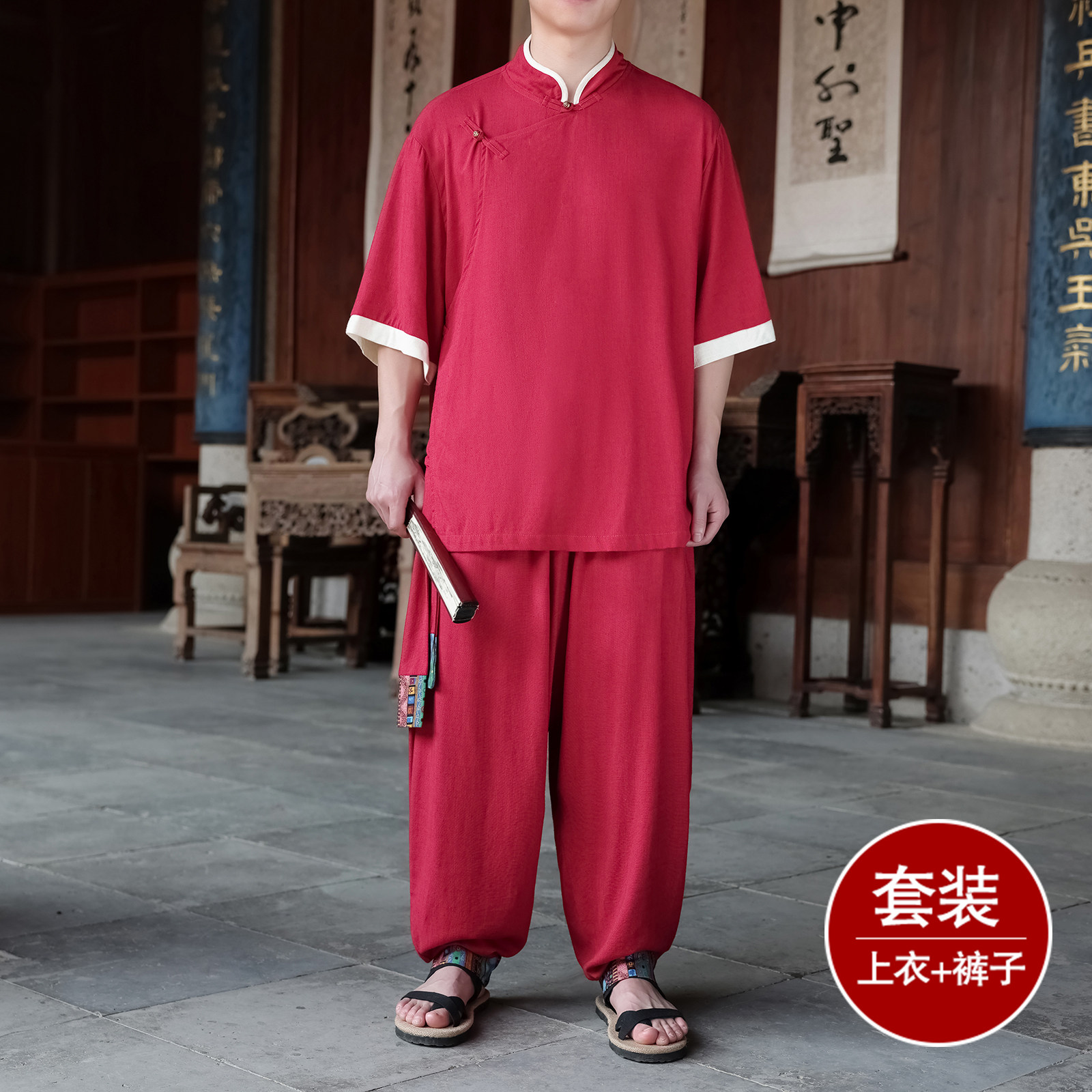 新中式国风套装假两件斜襟盘扣衬衫裤子亚棉麻民族风男装立领唐装,男装休闲套装,电商A005