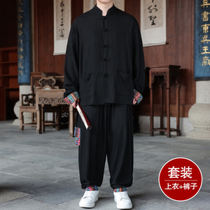 风R盘扣亚麻棉麻衬衫夹克外套大裤裆套装男TZ136-P150控178，男装夹克，电商A005