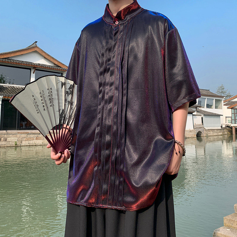 改良新中式D褶皱设计舞台亮闪闪冰丝酒吧演出衬衫CS55-P68控88,男装衬衫,电商A005
