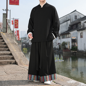 民族风C斜襟盘扣亚麻棉麻衬衫夹克阔腿裤套装TZ153-P186控208