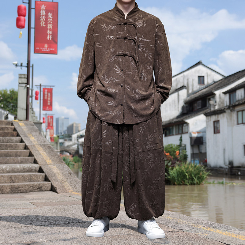 风盘扣P树叶暗花灯芯绒衬衫夹克束脚裤套装男TZ119-P136控158,男装T恤,电商A005