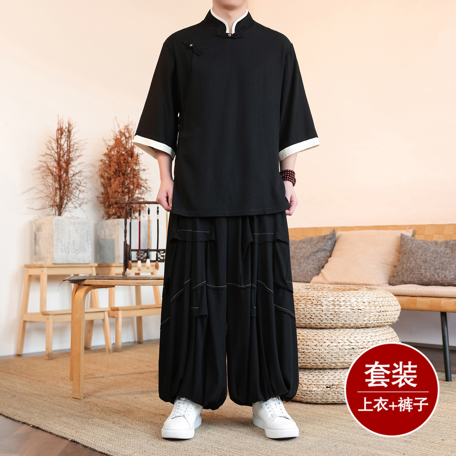 风L斜襟棉麻衬衫中山装外套折褶阔腿裤套装男TZ170-P166控188图片
