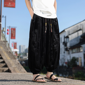 风P龙纹暗纹新中式保暖金丝绒阔腿束脚裤男K255-P68控88图片
