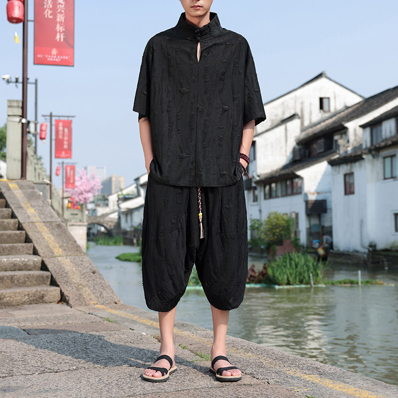 新中式风A破洞乞丐冰丝t恤小众七分裤男套装TZ105-P126控148,男装T恤,电商A005