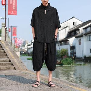 新中式风A破洞乞丐冰丝t恤小众七分裤男套装TZ105-P126控148