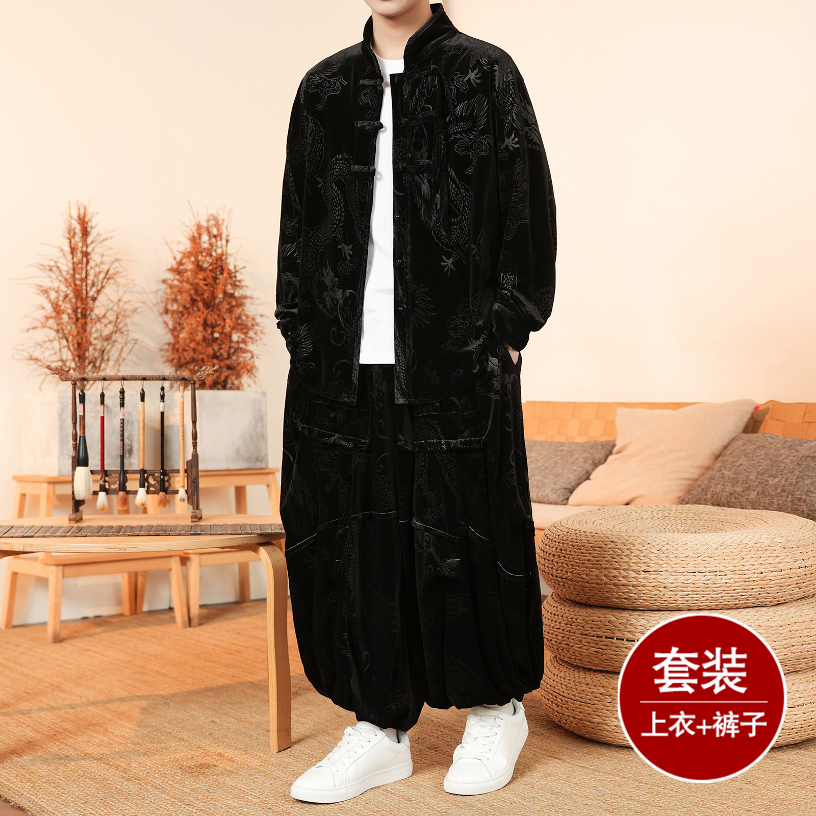 新中式N盘扣龙纹金丝绒衬衫夹克折褶阔腿裤套装男TZ181-P146控168图片