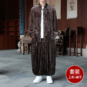 盘扣小众设计K龙纹暗花金丝绒衬衫夹克束脚裤套装TZ178-P136控158图片