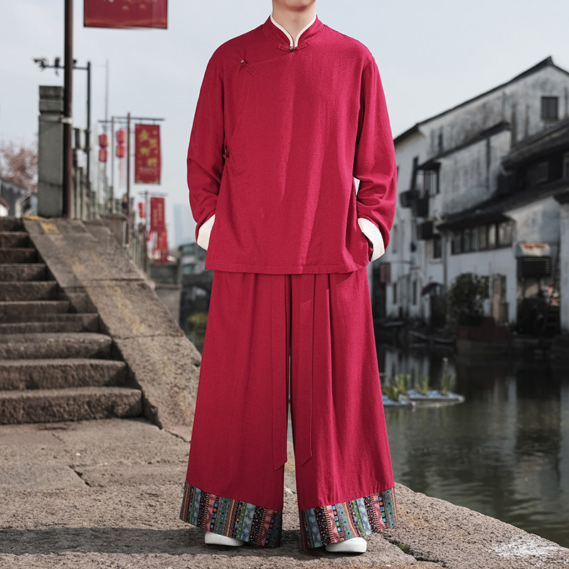 民族风D斜襟盘扣亚麻棉麻衬衫夹克阔腿裤套装TZ153-P186控208，男装衬衫，电商A005