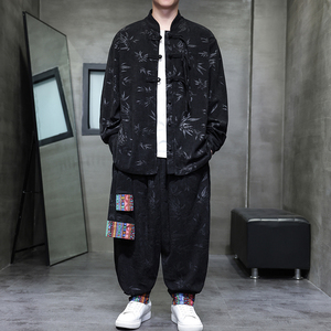 樹葉暗花H燈芯絨襯衫夾克民族舞蹈束腳褲套裝男TZ120-P136控158圖片