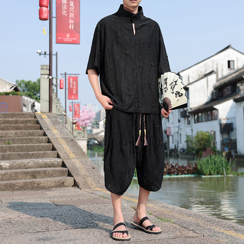 新中式风A破洞乞丐冰丝t恤小众七分裤男套装TZ105-P126控148,男装T恤,电商A005