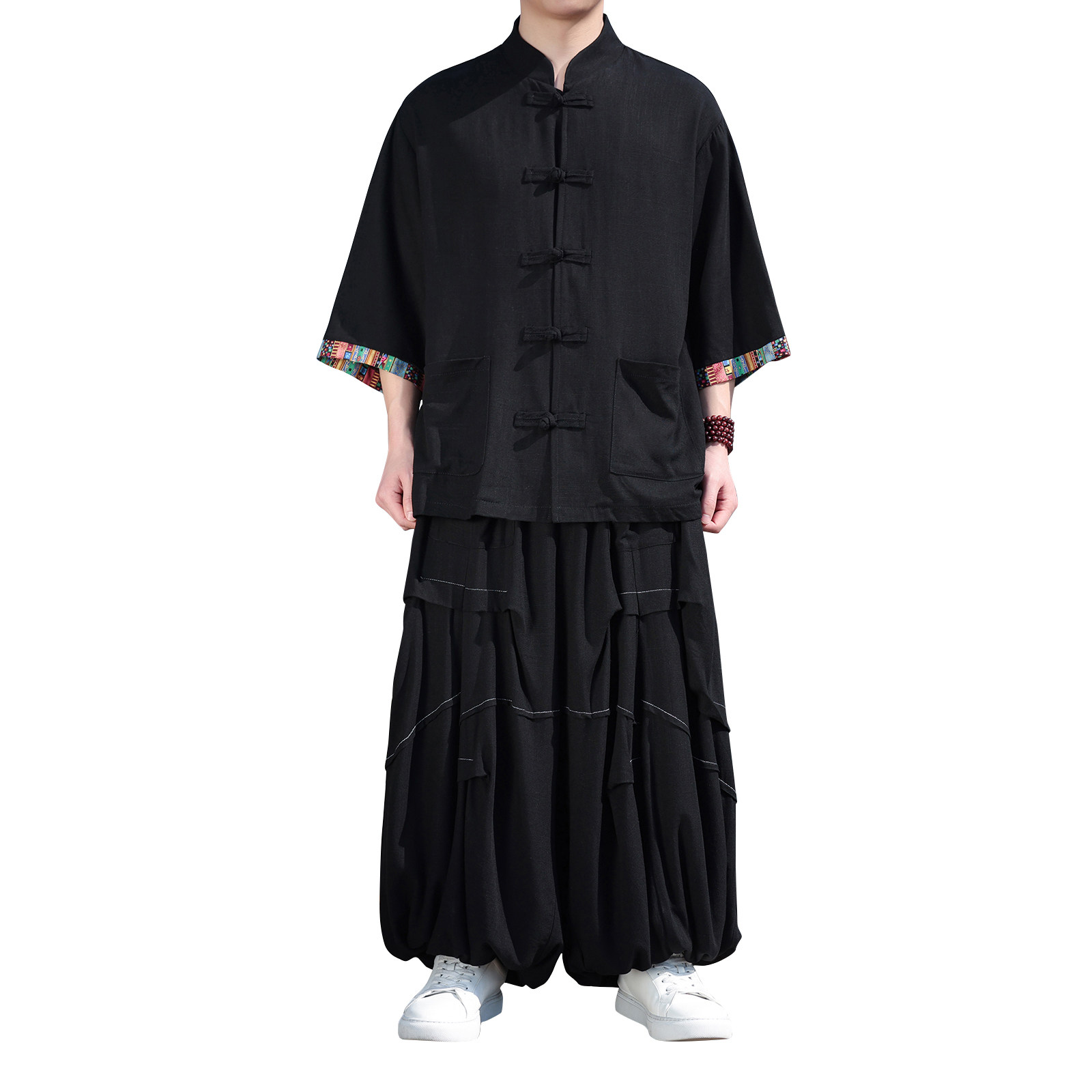 风M拼色棉麻衬衫外套折褶小众阔腿裤套装男TZ169-P153控178,男装休闲套装,电商A005