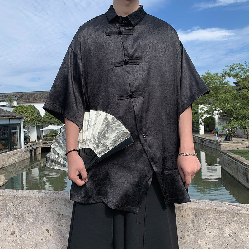 改良新中式B龟裂纹香云纱提花冰丝短袖盘扣衬衫男CS63-P68控88,男装T恤,电商A005
