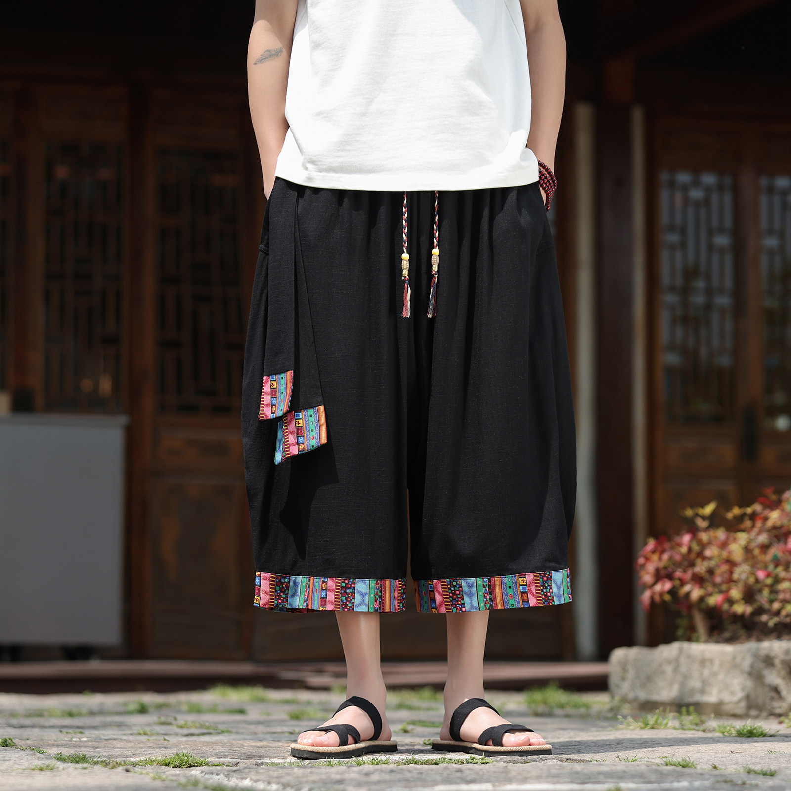 民族风复古中式AI棉麻宽松大裤裆舞蹈阔腿七分裤男DK186-P68控88,男装牛仔裤,电商A005