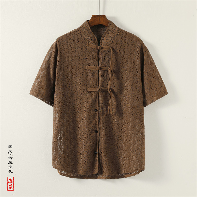 新中式K盘扣小众镂空设计透气冰丝菱形纹短袖衬衫男CS53-P68控88图片