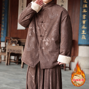 新中式O斜领盘扣龙纹暗花灯芯绒羊羔毛夹克棉衣服JK19-P135控158图片