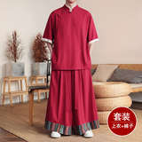 斜襟盘扣K亚麻中袖衬衫民族风复古裙裤阔腿裤套装TZ165-P176控198，男装衬衫，电商A005