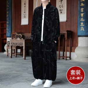 新中式P盘扣龙纹金丝绒衬衫夹克折褶阔腿裤套装男TZ181-P146控168图片