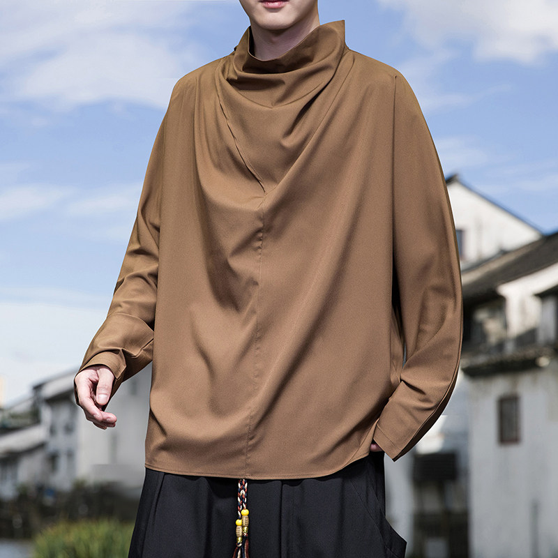 风M暗黑系新中式冰丝小众设计高堆领长袖t恤T09-P55控78，男装T恤，电商A005