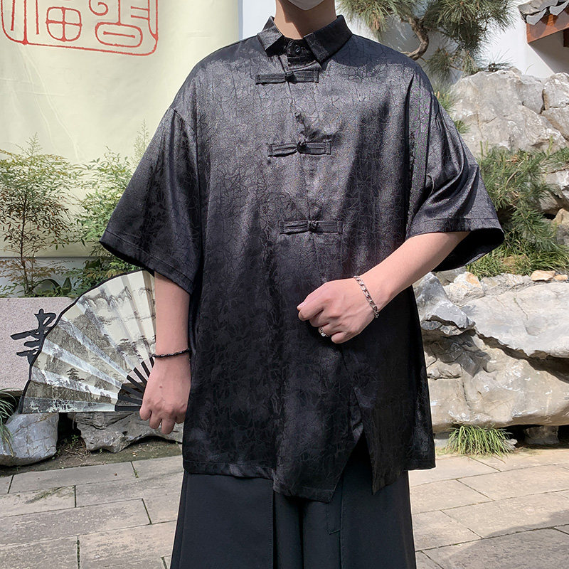 改良新中式B龟裂纹香云纱提花冰丝短袖盘扣衬衫男CS63-P68控88,男装T恤,电商A005