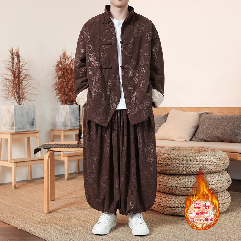 新中式Y龙纹灯芯绒羊羔毛夹克棉衣服保暖套装男TZ131-P203控228,男装夹克,电商A005