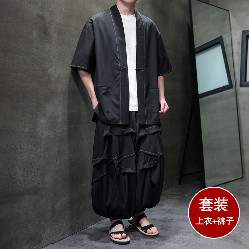 风C冰丝盘扣明线开衫外套折褶阔腿裤男套装男TZ161-P130控158,男装休闲套装,电商A005