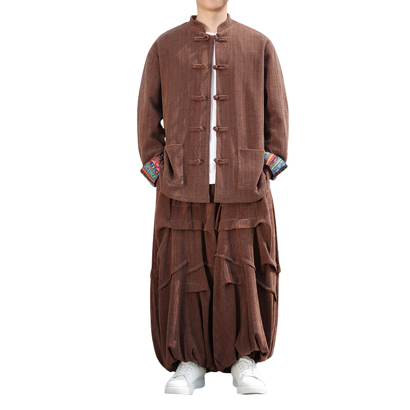 新中式AM民族风盘扣麦穗纹灯芯绒外套阔腿裤套装TZ130-P150控178,男装休闲套装,电商A005