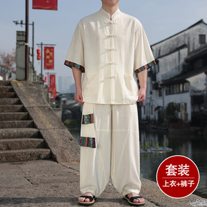民族风D盘扣亚麻衬衫民族风棉麻阔腿裤套装男TZ163-P163控188图片