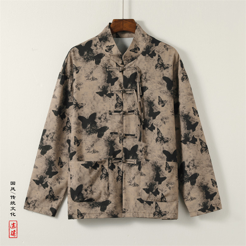 新中式J盘扣长袖衬衫男改良汉服唐装蝴蝶印花外套CS28-P68控88图片
