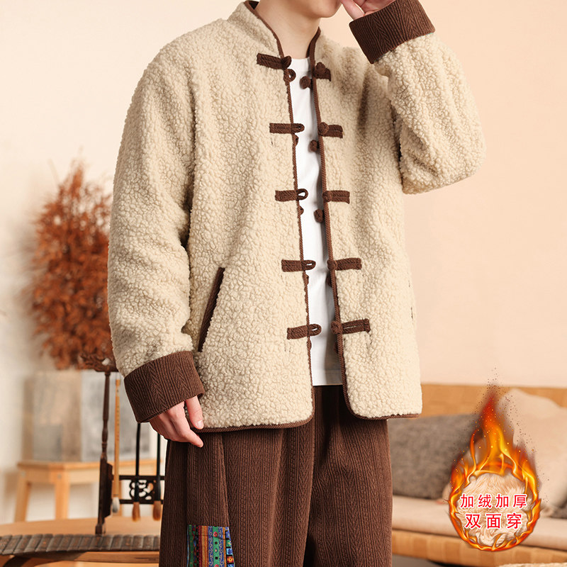 新中式H麦穗羊羔毛加绒加厚双面穿棉服夹克棉衣男JK21-P135控158图片