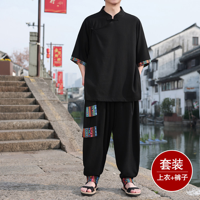 民族风C斜襟盘扣亚麻拼色中袖衬衫阔腿裤套装男TZ157-P143控168,男装衬衫,电商A005