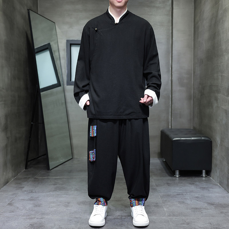风E斜襟盘扣亚麻棉麻衬衫夹克大裤裆裤套装男TZ151-P173控198,男装衬衫,电商A005