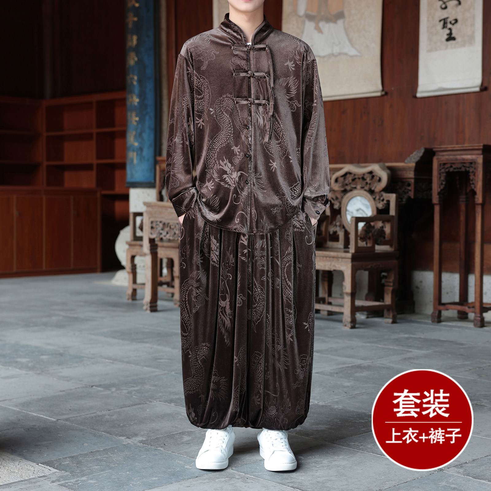 盘扣小众设计K龙纹暗花金丝绒衬衫夹克束脚裤套装TZ178-P136控158,男装休闲套装,电商A005