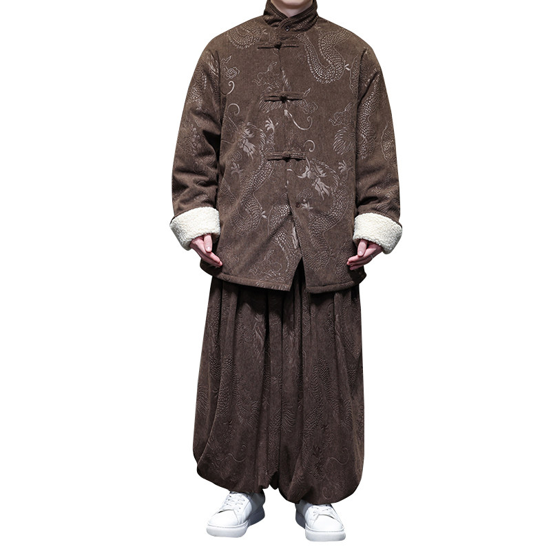 新中式F龙纹灯芯绒羊羔毛夹克棉衣服保暖套装男TZ131-P203控228,男装夹克,电商A005