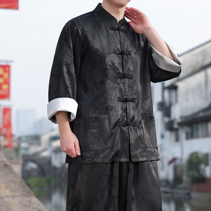 新中式D风盘扣暗花龙纹冰丝中山装衬衫外套男CS75-P65控78,男装衬衫,电商A005