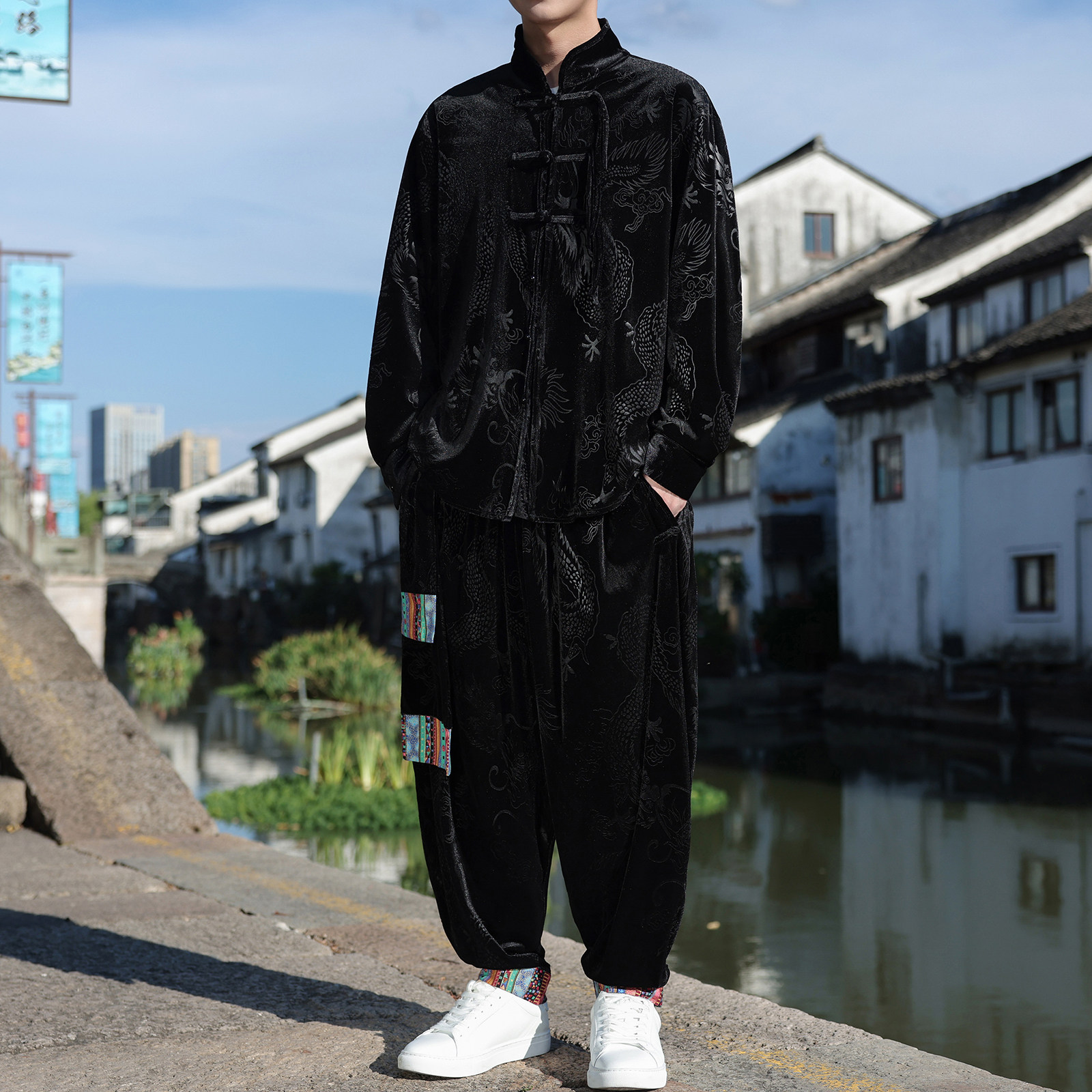 新中式D盘扣龙纹暗花金丝绒夹克舞蹈阔腿裤套装男TZ180-P136控158,男装休闲套装,电商A005