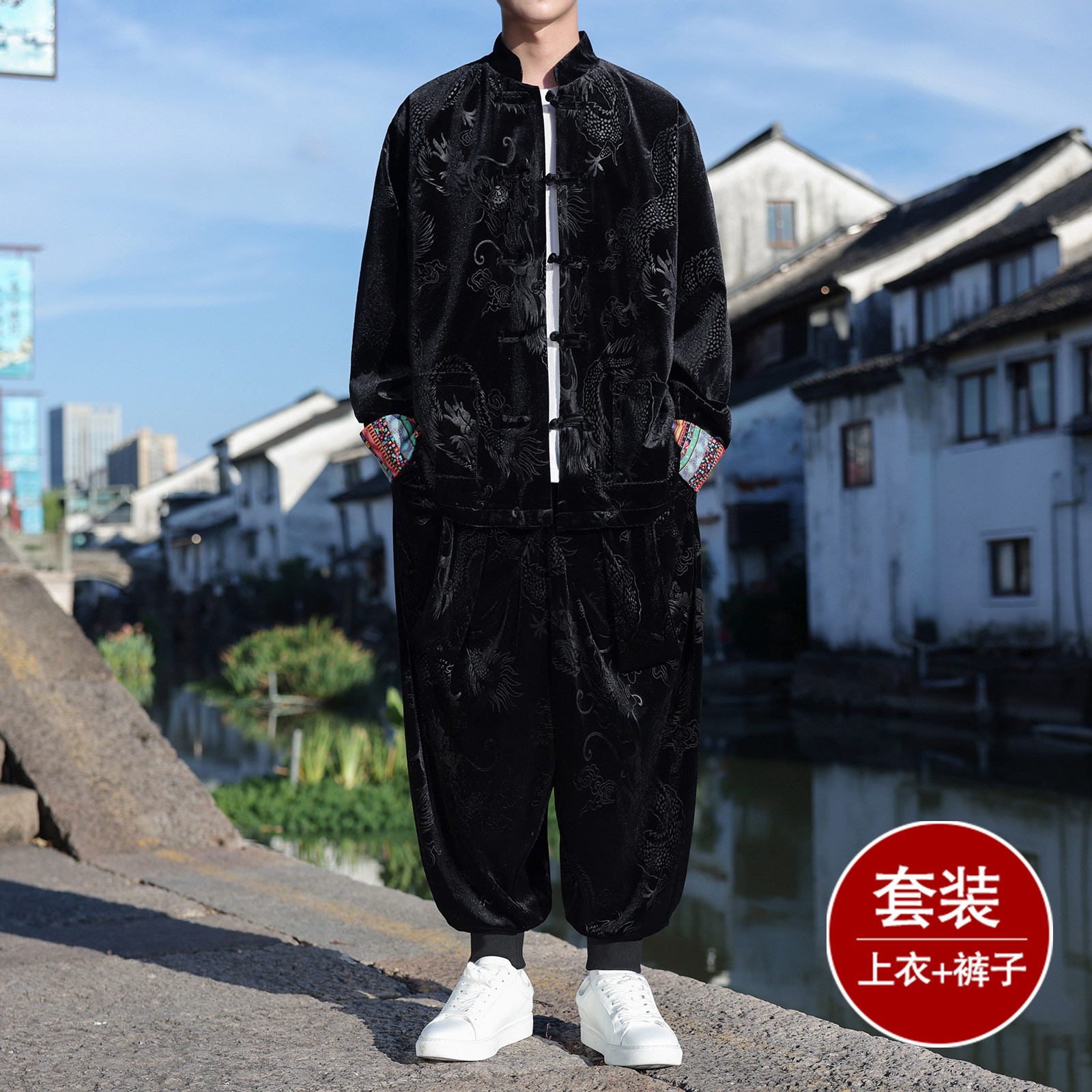 新中式F民族风金丝绒龙纹夹克哈伦裤飞鼠裤套装男TZ177-P143控168图片