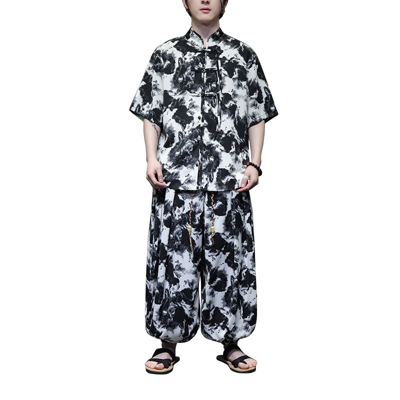 新中式C小众盘扣扎染水墨冰丝衬衫男灯笼裤套装TZ72-P130控158,男装衬衫,电商A005